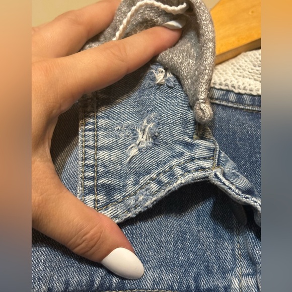 FREE PEOPLE Distressed Cropped Denim Jacket, Removable Hoodie - Picture 5 of 10